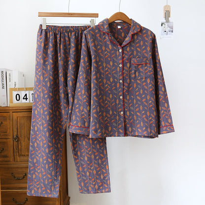 Pyjama-Set mit langen Ärmeln aus Baumwolle im Retro-Blatt-Stil