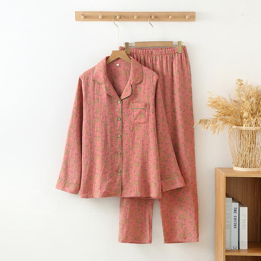 Pyjama-Set aus Baumwollgaze im Retro-Rose-Design - Rosa - XL - image 1