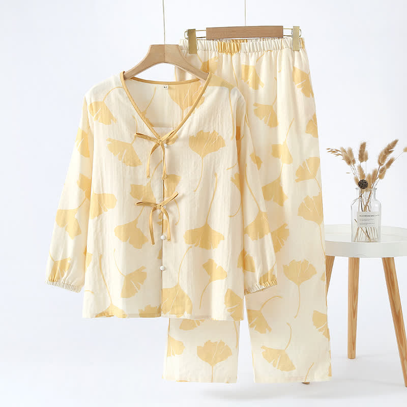 Loungewear-Set aus Baumwolle mit Ginkgoblatt-Schleife