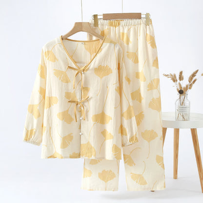 Loungewear-Set aus Baumwolle mit Ginkgoblatt-Schleife
