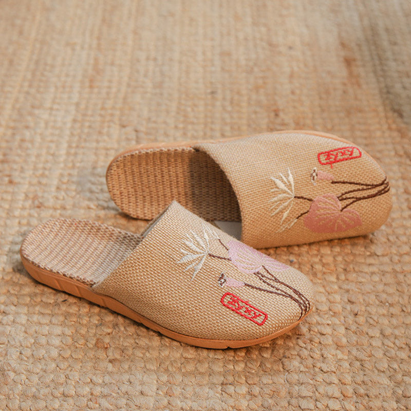 Retro bestickte Lotus Flachs Hausschuhe