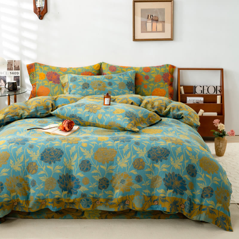 Retro-Bettwäsche-Set aus Baumwolle mit Blumen und Blättern (4-teilig)