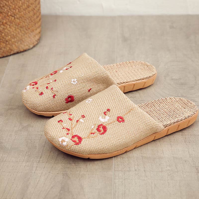 Bestickte Plum Bossom Bequeme Flachs-Hausschuhe