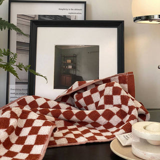 Ownkoti Badetuch-Set mit Schachbrettmuster und Farbblockdesign - Rot - 34*76cm+70cm*140cm - image 0