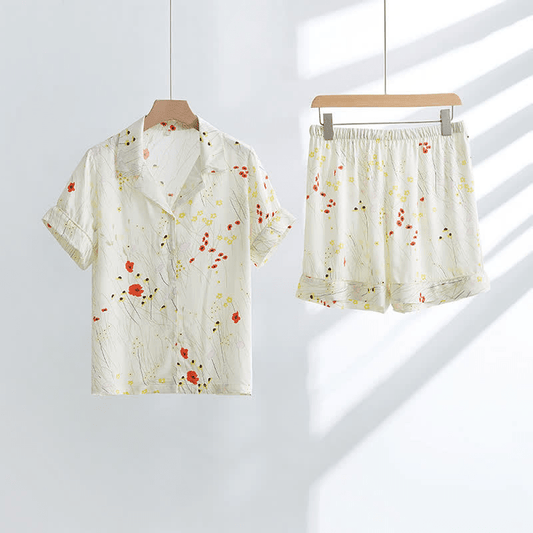 Atmungsaktives Loungewear-Set mit Blumenblatt-Print und V-Ausschnitt