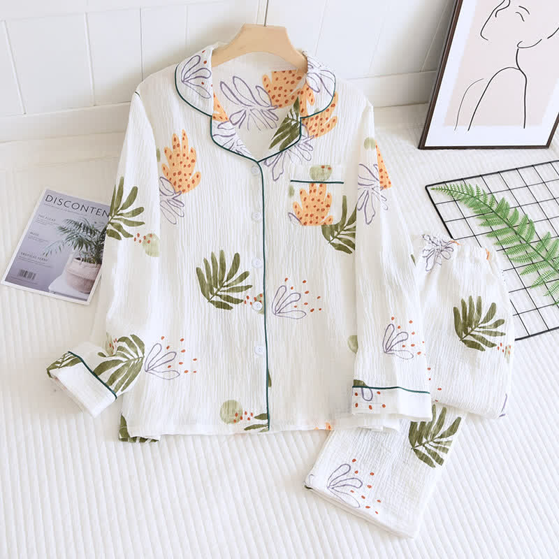 Pyjama-Set aus reiner Baumwolle mit Blattmuster und langen Ärmeln