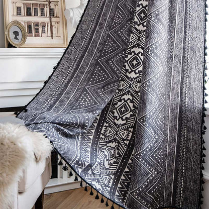 Ownkoti Bohemian-Vorhänge mit geometrischen Mustern, Baumwolle, mit Quasten, Schwarz