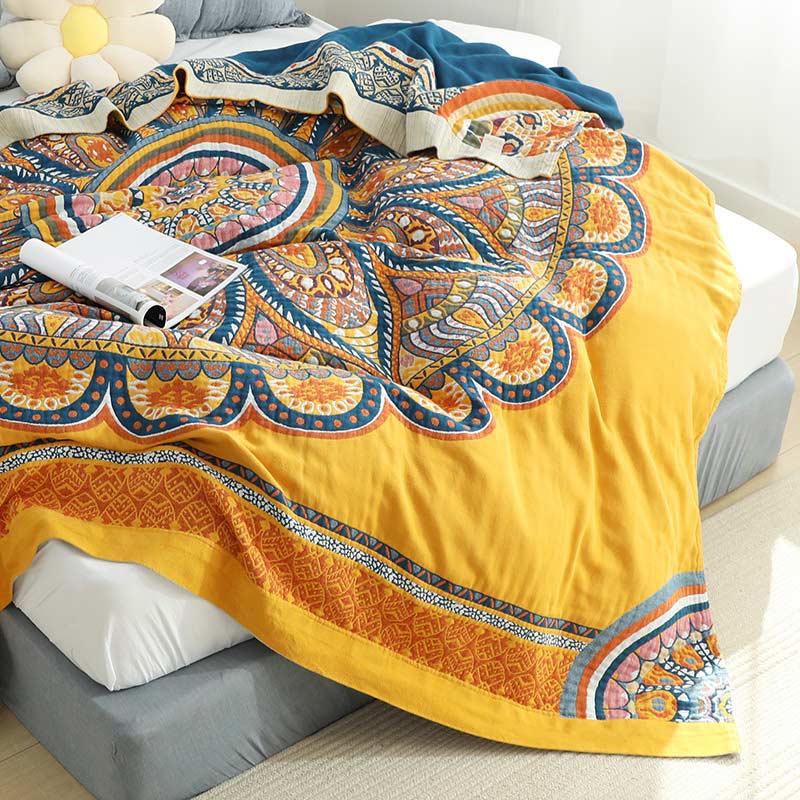 Ownkoti Bohemian Wende-Sommersteppdecke mit gelben Blumen