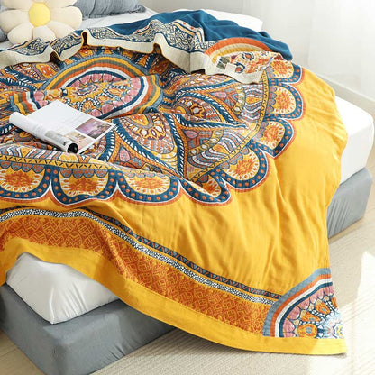 Ownkoti Bohemian Wende-Sommersteppdecke mit gelben Blumen