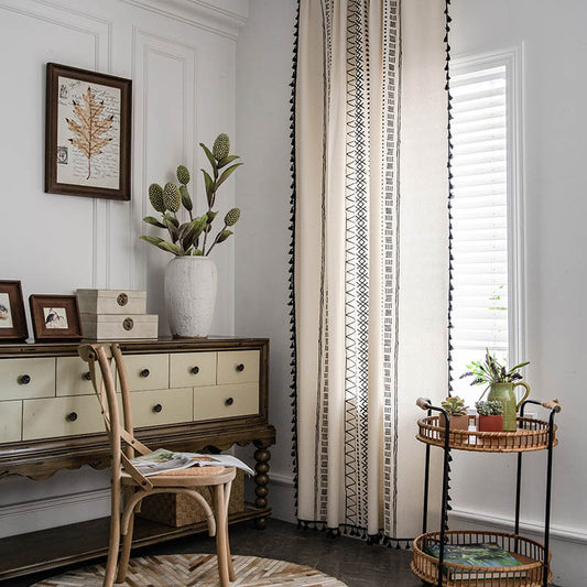 Ownkoti Halbverdunkelnde Vorhänge aus Baumwolle im Bohemian-Stil mit geometrischem Muster