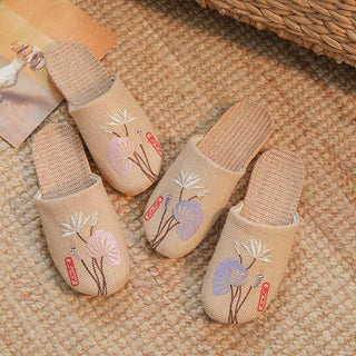 Retro bestickte Lotus Flachs Hausschuhe