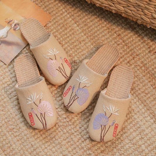 Retro bestickte Lotus Flachs Hausschuhe