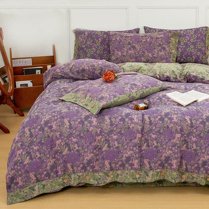 Boho Flower Lila Baumwoll-Bettwäsche-Sets (4-teilig)
