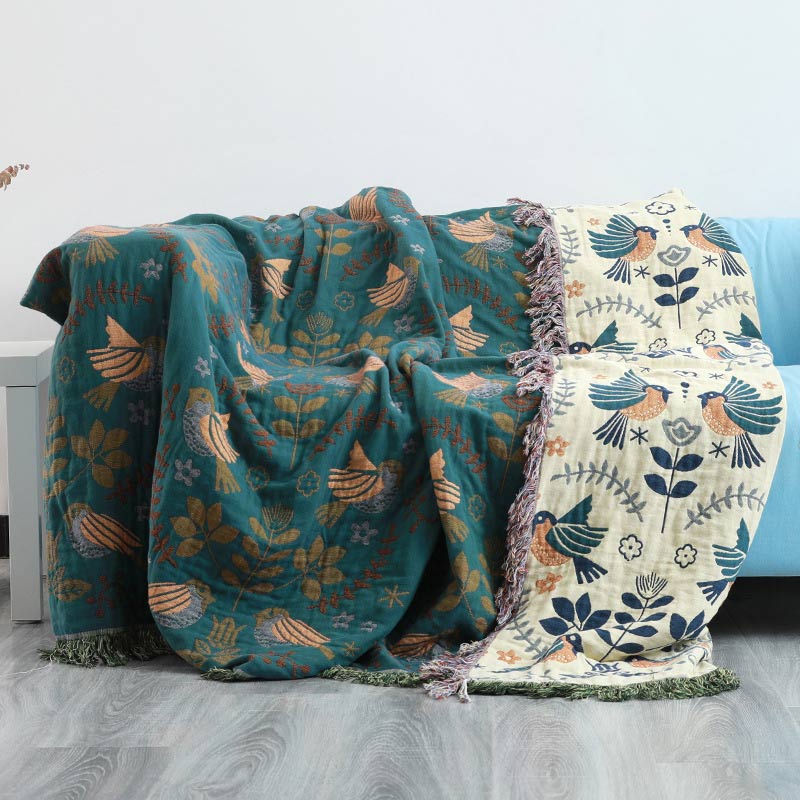 Ownkoti Boho Atmungsaktive Sofadecke mit Blumen und Vögeln