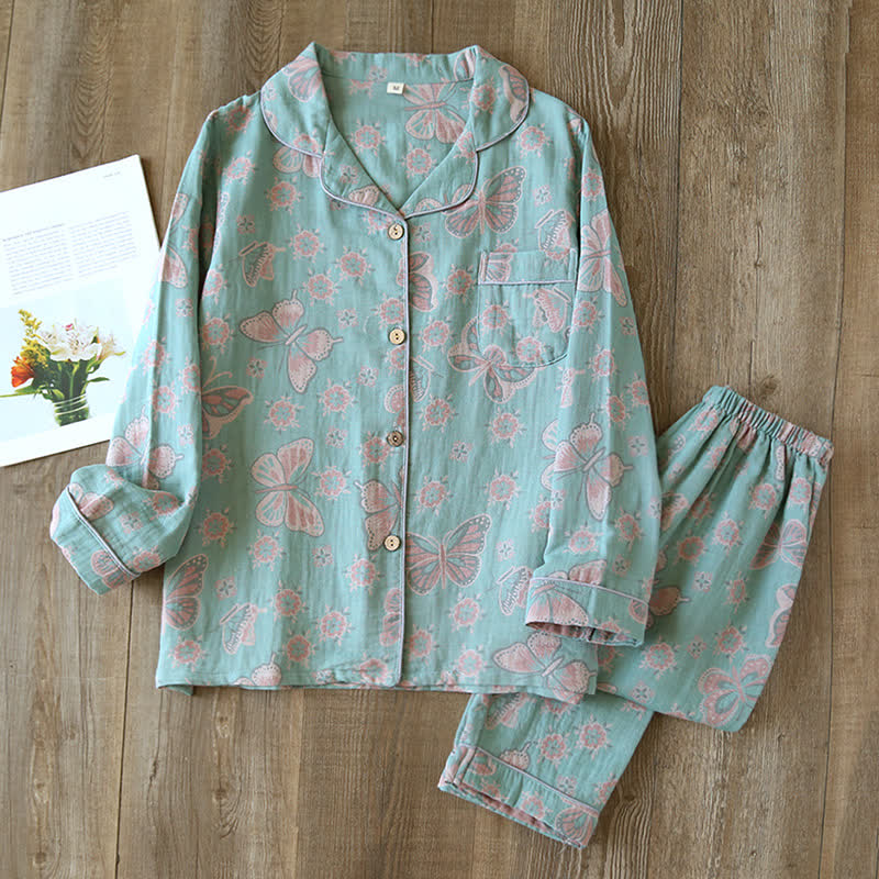 Vintage Loungewear-Set aus Baumwolle mit Schmetterlingsmuster - Blau - XL - image 9