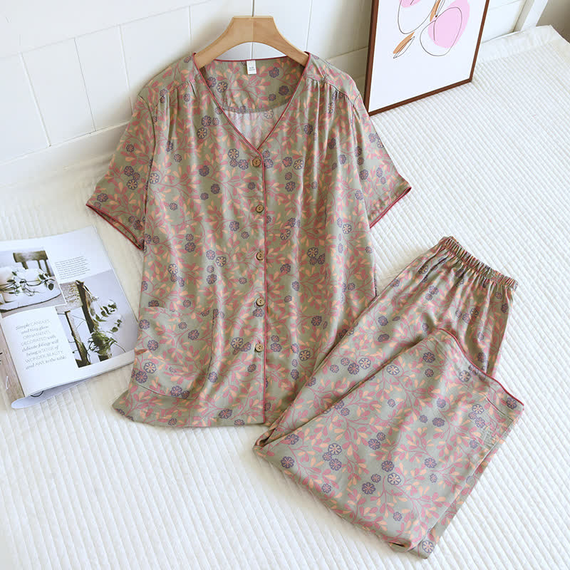 Loungewear-Set aus Baumwolle und Seide mit Blumenmuster - Grün - XL - image 4
