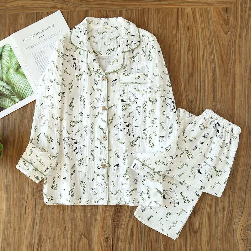 Süßes Pyjama-Set aus Baumwolle mit Katze und Blatt