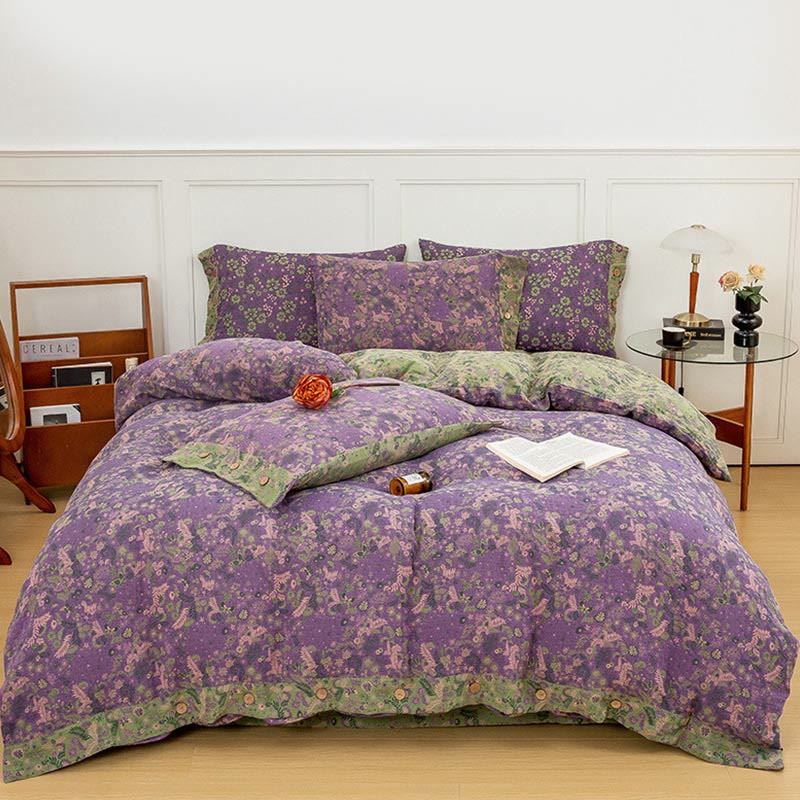 Boho Flower Lila Baumwoll-Bettwäsche-Sets (4-teilig)
