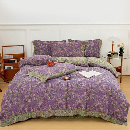 Boho Flower Lila Baumwoll-Bettwäsche-Sets (4-teilig)