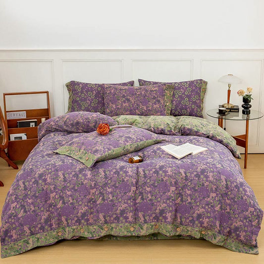 Boho Flower Lila Baumwoll-Bettwäsche-Sets (4-teilig)