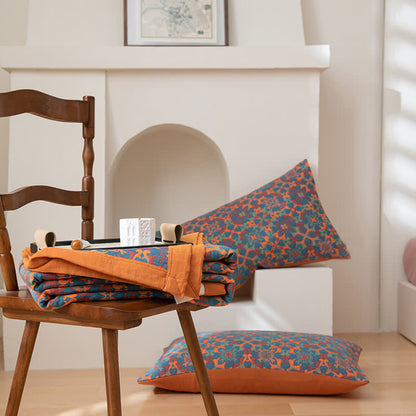 Sechslagige Baumwollsteppdecke mit orange-blauem Muster