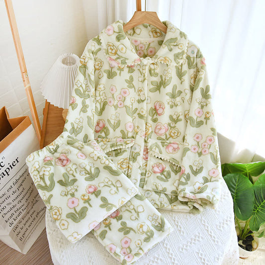 Dicker, weicher Flanell-Pyjama mit Blumenmuster