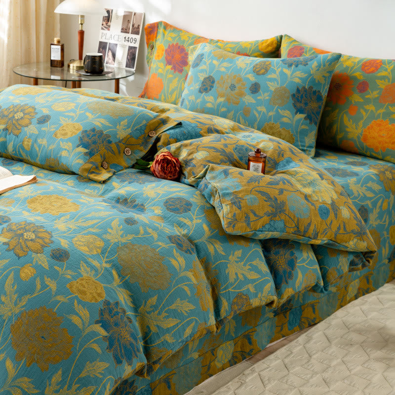 Retro-Bettwäsche-Set aus Baumwolle mit Blumen und Blättern (4-teilig)