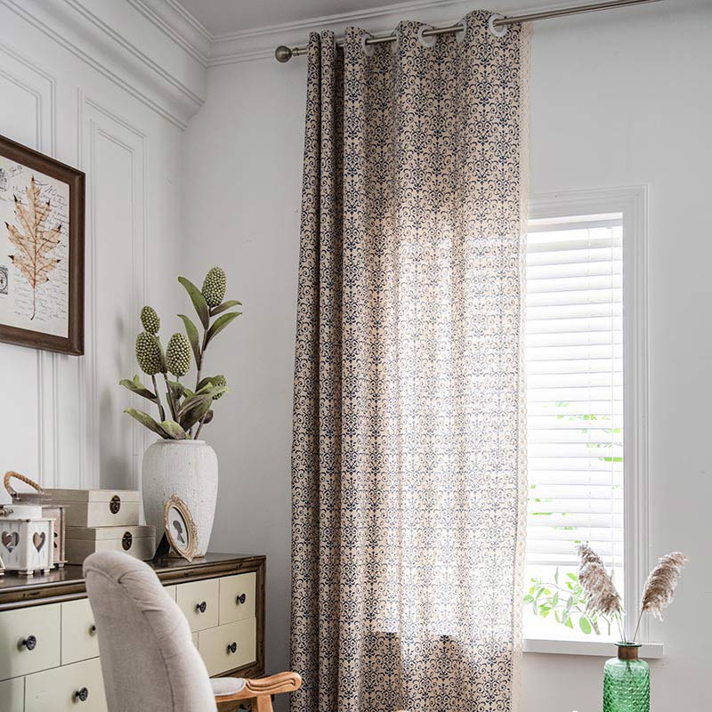 Ownkoti Boho-Vorhang mit blauem Muster, halbverdunkelnd