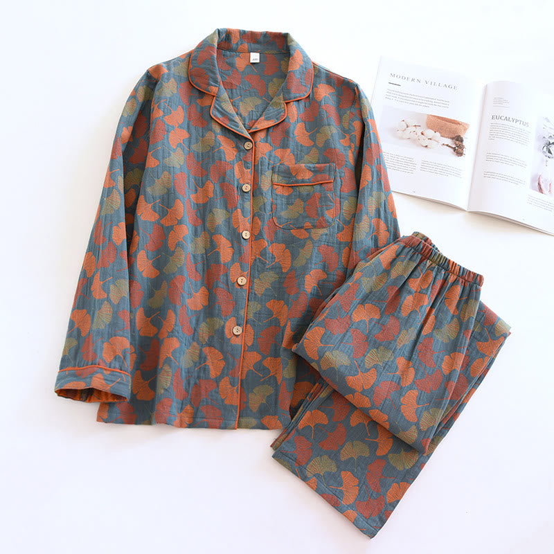 Loungewear-Set aus Baumwolle mit Ginkgoblatt-Knopf - Blau - Frauen - XL - image 0