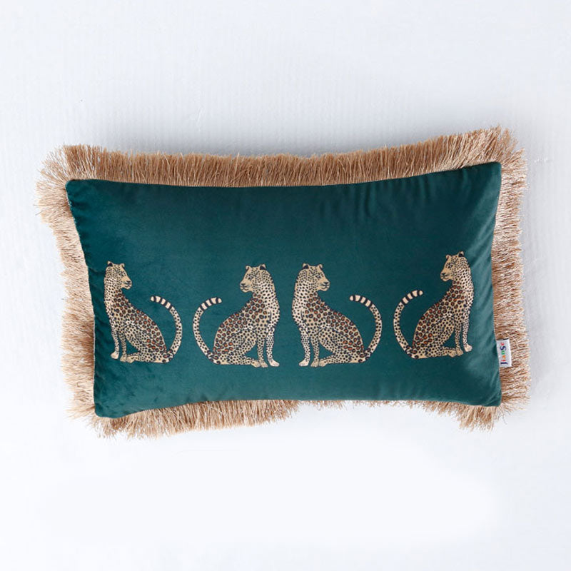 Wildleder-Kissenbezug und Kissenkern mit Leopardenmuster und Quaste