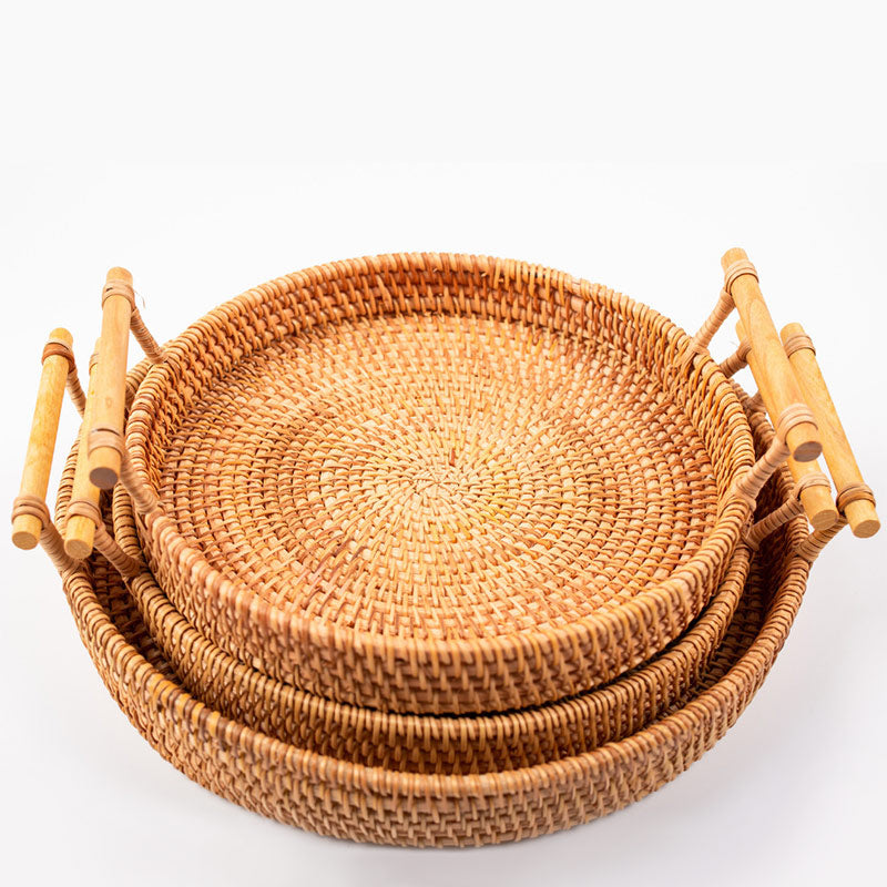 Ownkoti – rundes Tablett aus handgewebtem Rattan mit Griffen