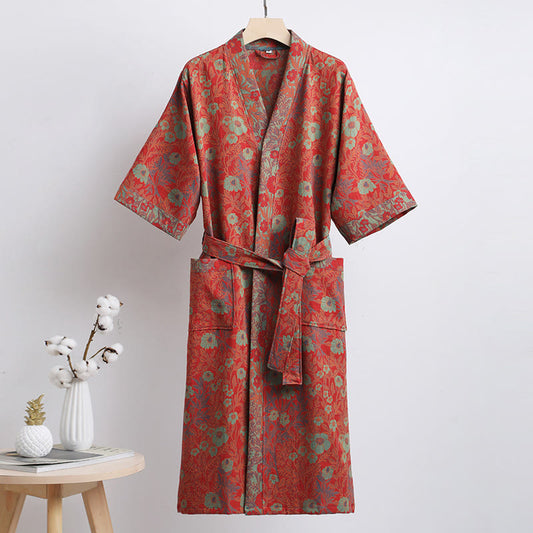 Bademantel aus Baumwolle mit Blumen-Jacquardmuster und Gürtel