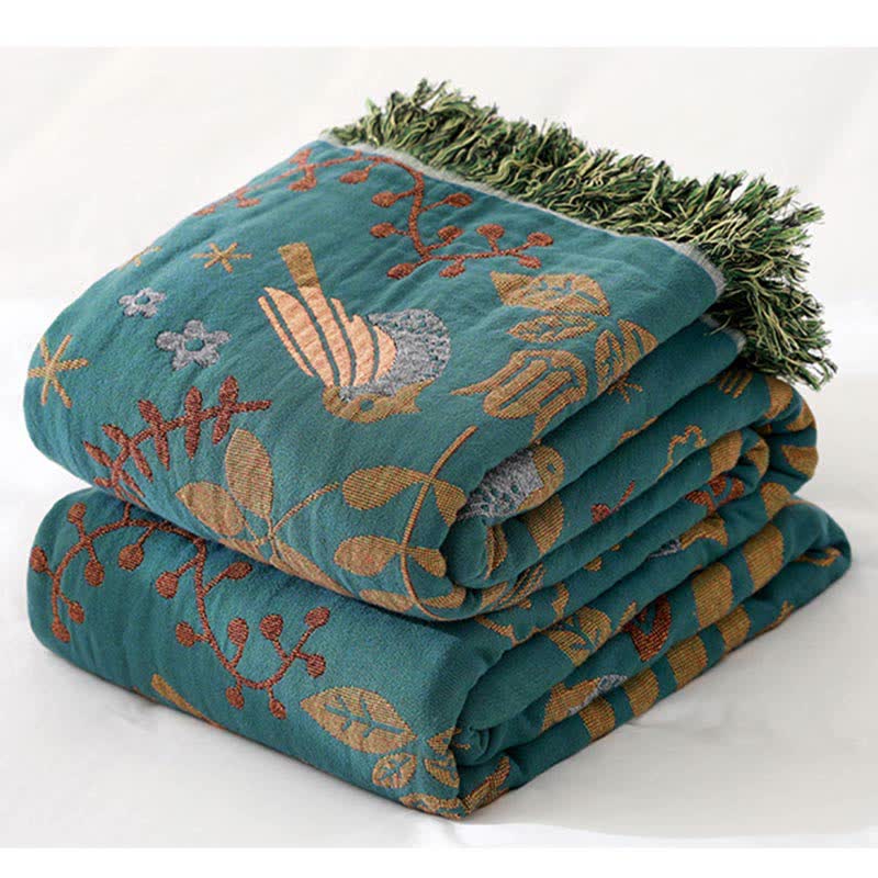 Ownkoti Boho Atmungsaktive Wendedecke mit Blumen und Vögeln