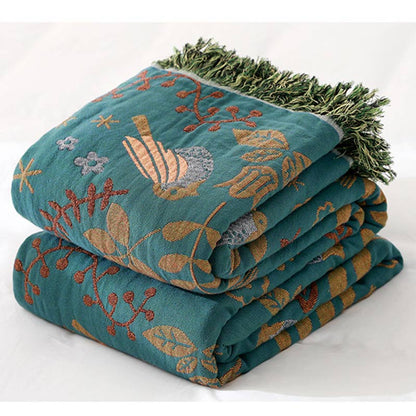 Ownkoti Boho Atmungsaktive Wendedecke mit Blumen und Vögeln