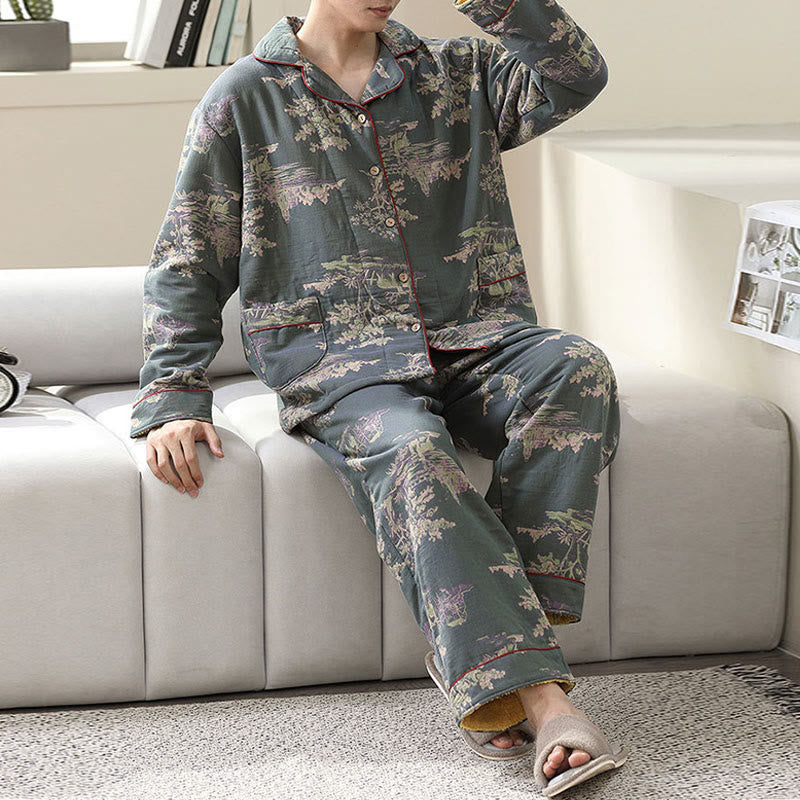 Loungewear-Set aus Baumwollgaze mit Pflanzendruck