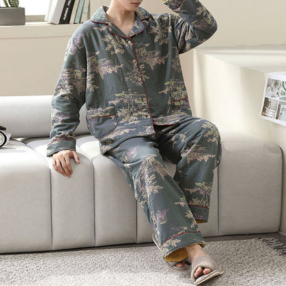 Loungewear-Set aus Baumwollgaze mit Pflanzendruck