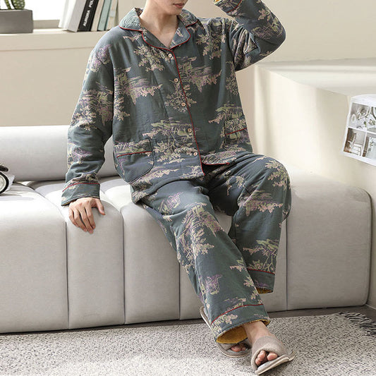 Loungewear-Set aus Baumwollgaze mit Pflanzendruck