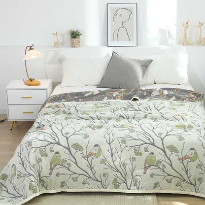 Wendesteppdecke aus Baumwolle mit Weißdornbaum und Vogelmotiv