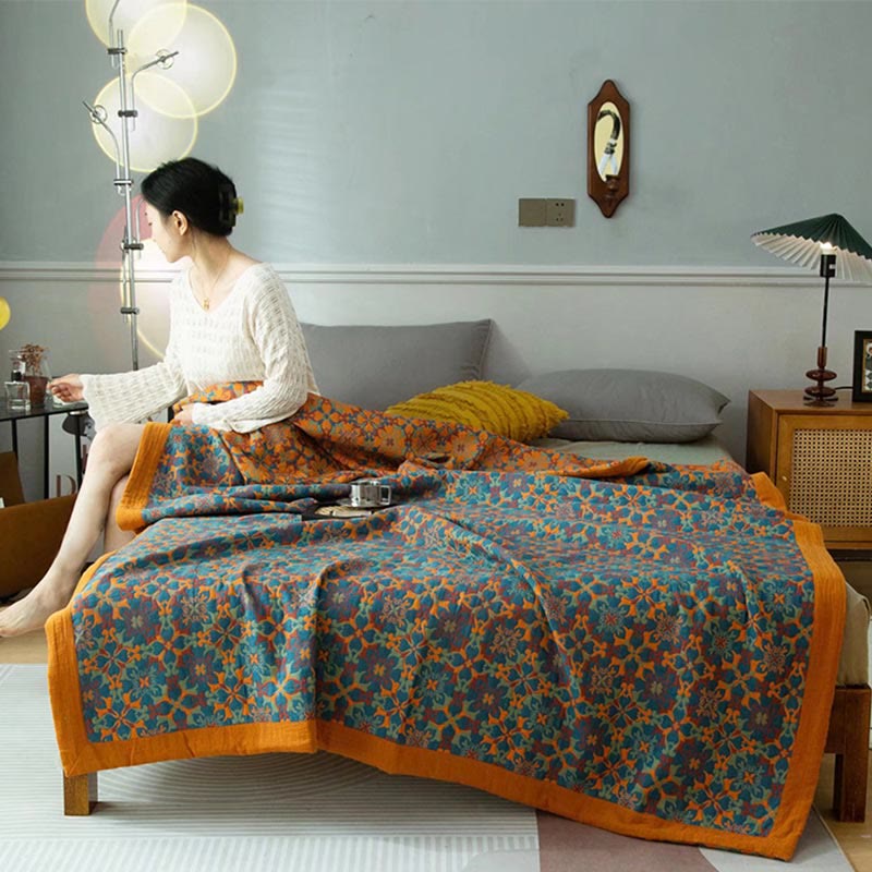 Sechslagige Baumwollsteppdecke mit orange-blauem Muster