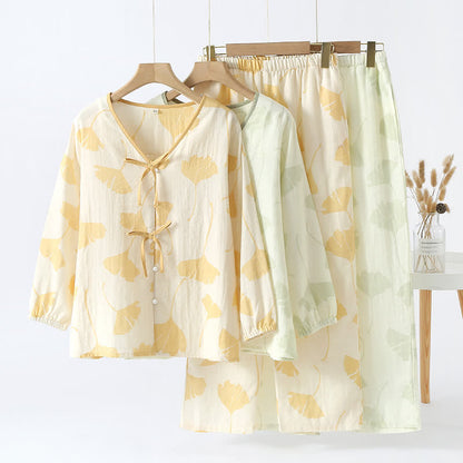 Loungewear-Set aus Baumwolle mit Ginkgoblatt-Schleife