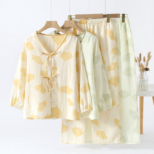 Loungewear-Set aus Baumwolle mit Ginkgoblatt-Schleife
