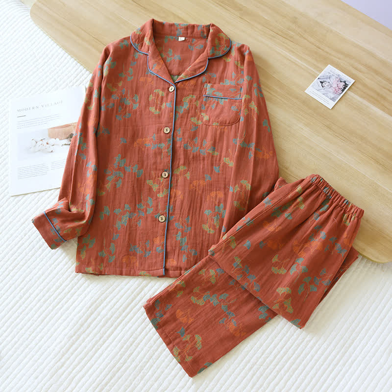 Loungewear-Set aus Baumwolle mit Ginkgo-Reversausschnitt