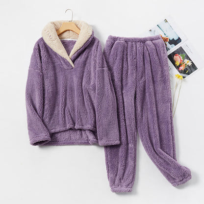 Ownkoti Schlichtes, warmes Loungewear-Set mit V-Ausschnitt für den Winter