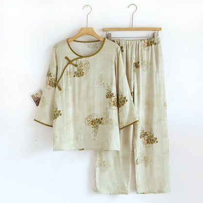 Retro-Pyjama-Set aus Bambusfaser mit Blumenmuster - Grün - XL - image 0