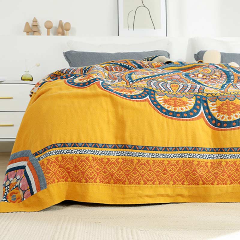 Ownkoti Bohemian Wende-Sommersteppdecke mit gelben Blumen