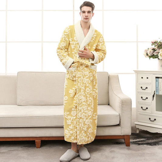 Ownkoti Blumen-Jacquard-Fleece-Pyjama, langer Bademantel