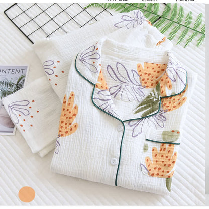 Pyjama-Set aus reiner Baumwolle mit Blattmuster und langen Ärmeln