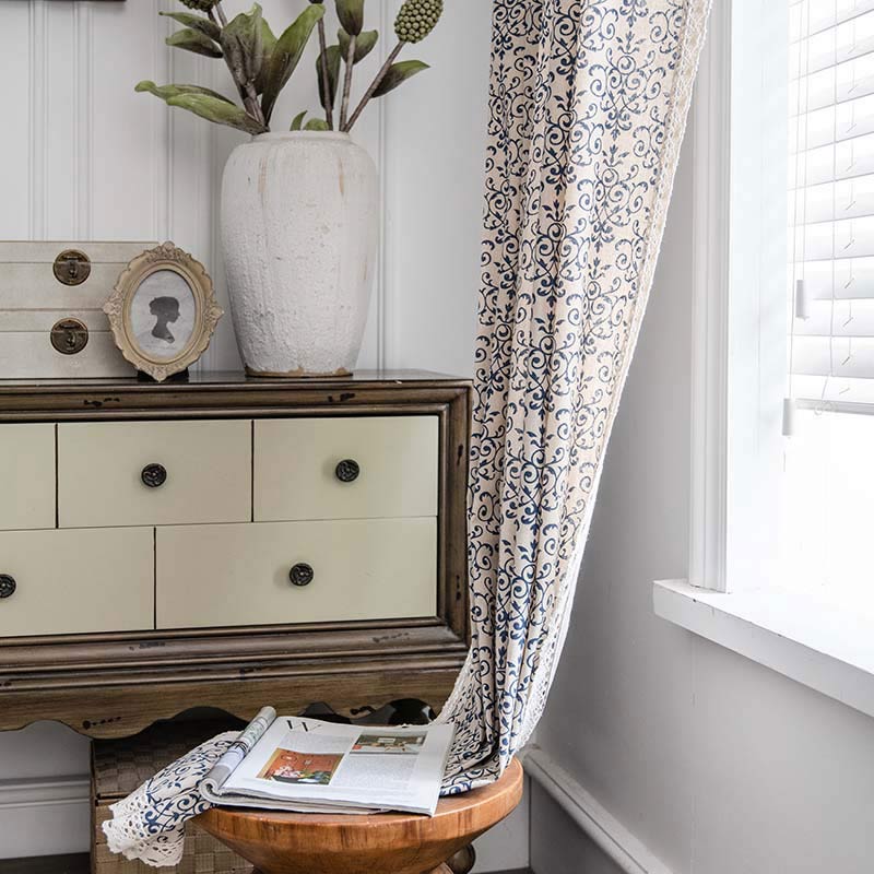 Ownkoti Boho-Vorhang mit blauem Muster, halbverdunkelnd