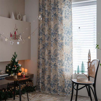 Ownkoti Lichtfiltervorhang mit Kiefernholzmotiv und blauen Blumen