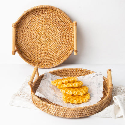 Ownkoti – rundes Tablett aus handgewebtem Rattan mit Griffen